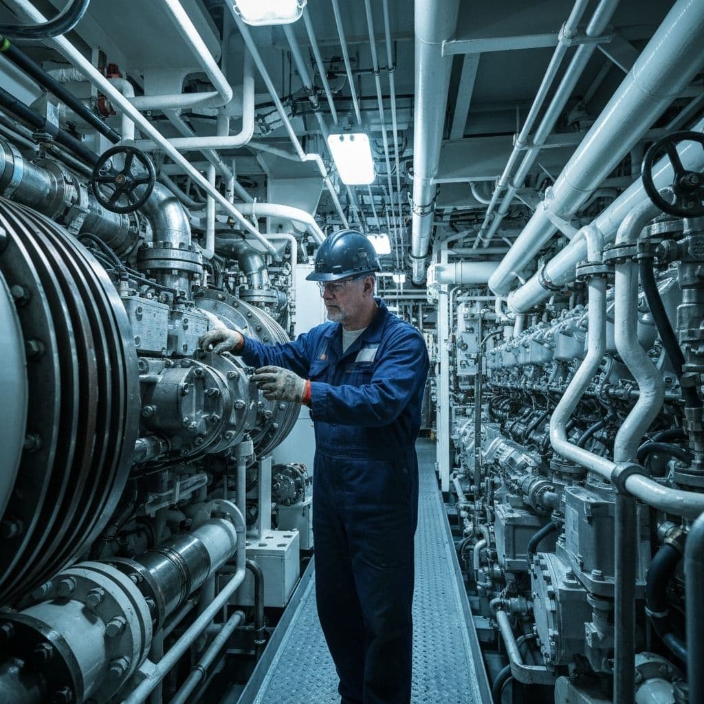 Engineer inspecting ship engine